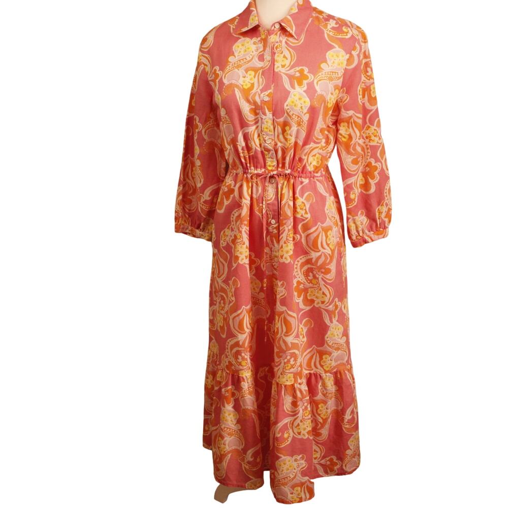 J.Mclaughlin Women's Foley Shirt Dress Ruffle Hem Linen sz Pink/Orange Trinidad